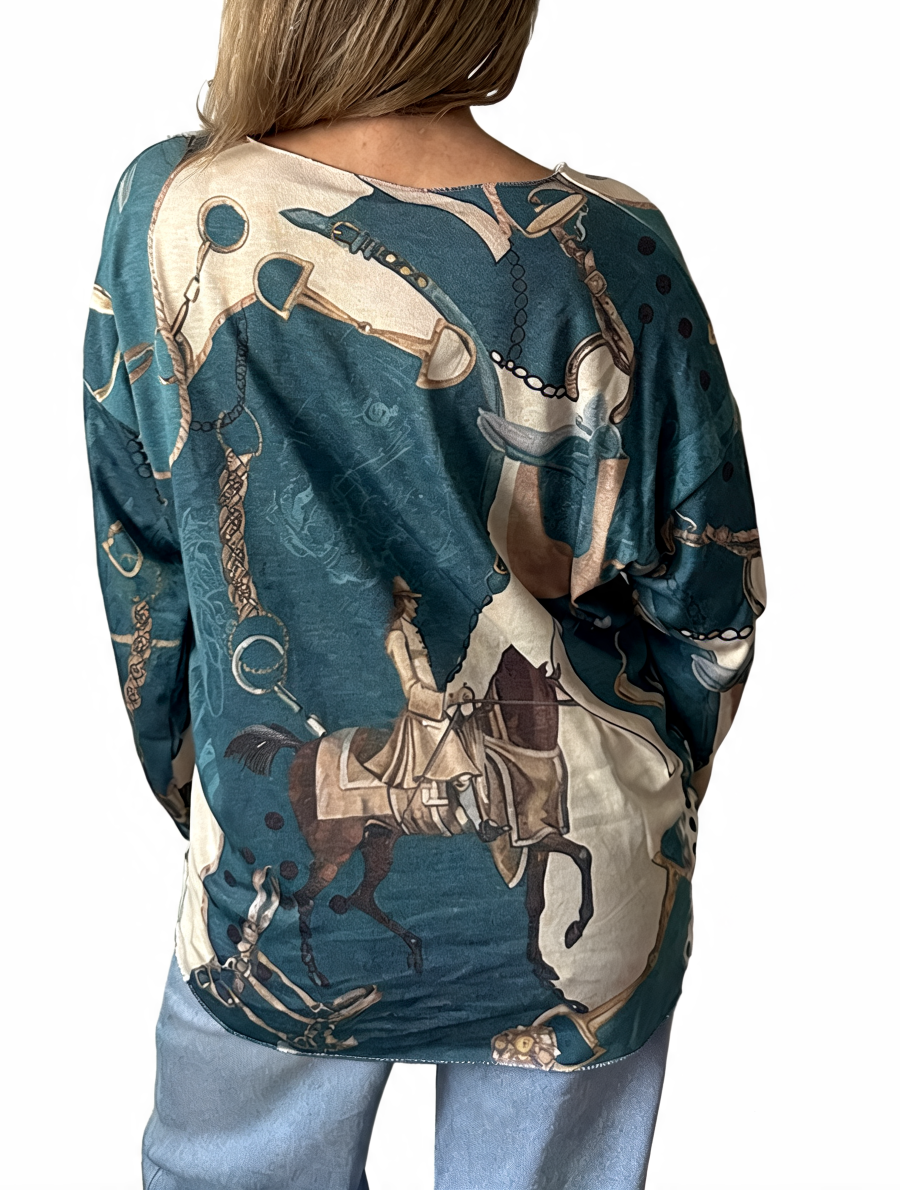 Teal equestrian print V-neck long-sleeve top, back view of horse rider graphic