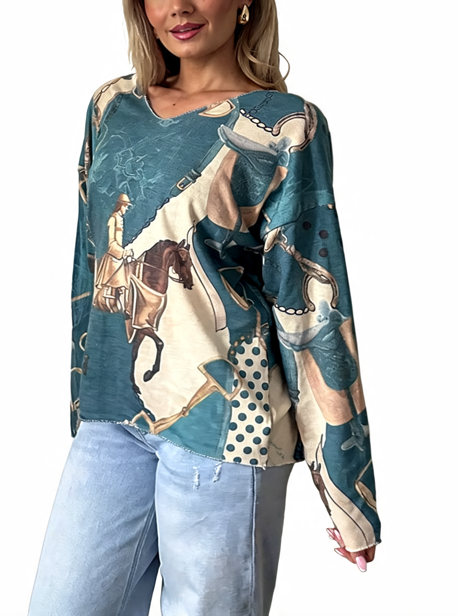 Teal equestrian print V-neck long-sleeve top with horse rider graphic