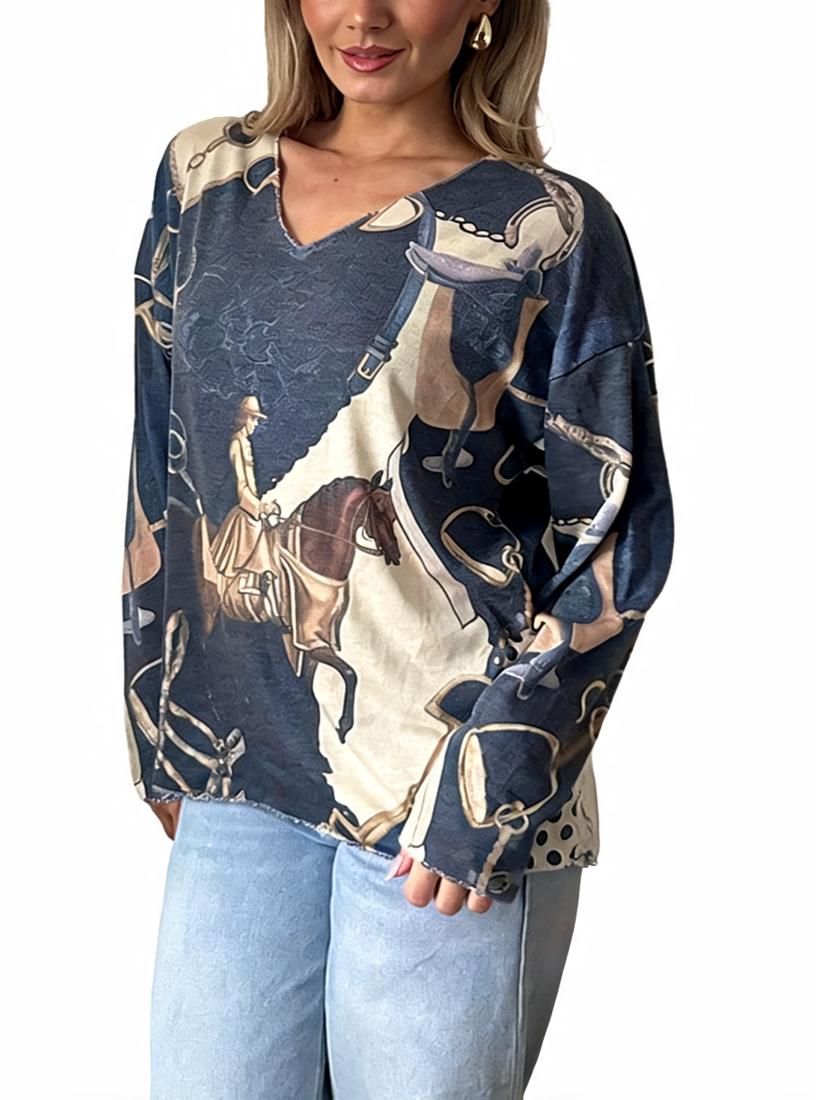 Navy blue equestrian print V-neck long-sleeve top with horse rider graphic