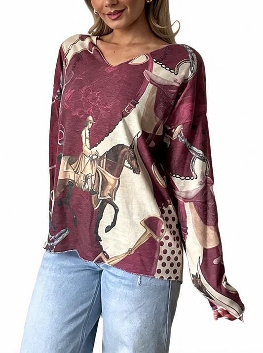 Equestrian Print V-Neck Long Sleeve Top