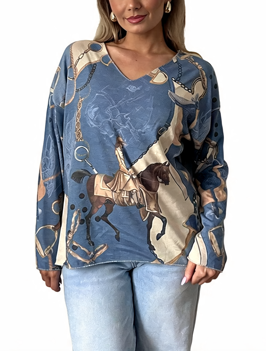 Blue equestrian print V-neck long-sleeve top with horse rider graphic