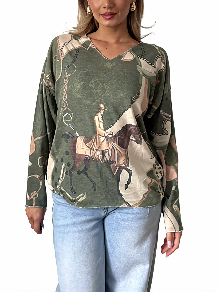 Olive green equestrian print V-neck long-sleeve top with horse rider graphic