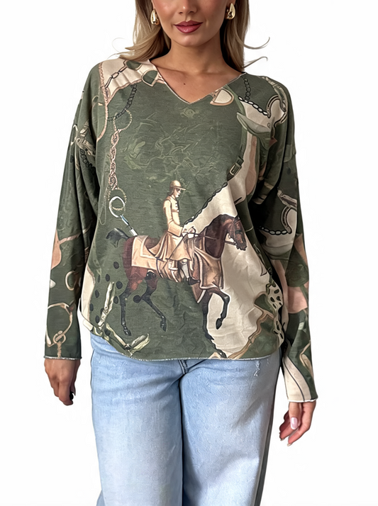 Equestrian Print V-Neck Long Sleeve Top