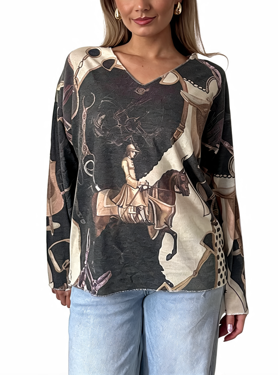 Charcoal equestrian print V-neck long-sleeve top with horse rider graphic