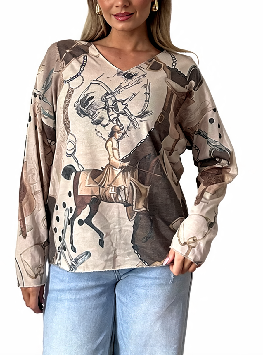 Beige equestrian print V-neck long-sleeve top with horse rider graphic