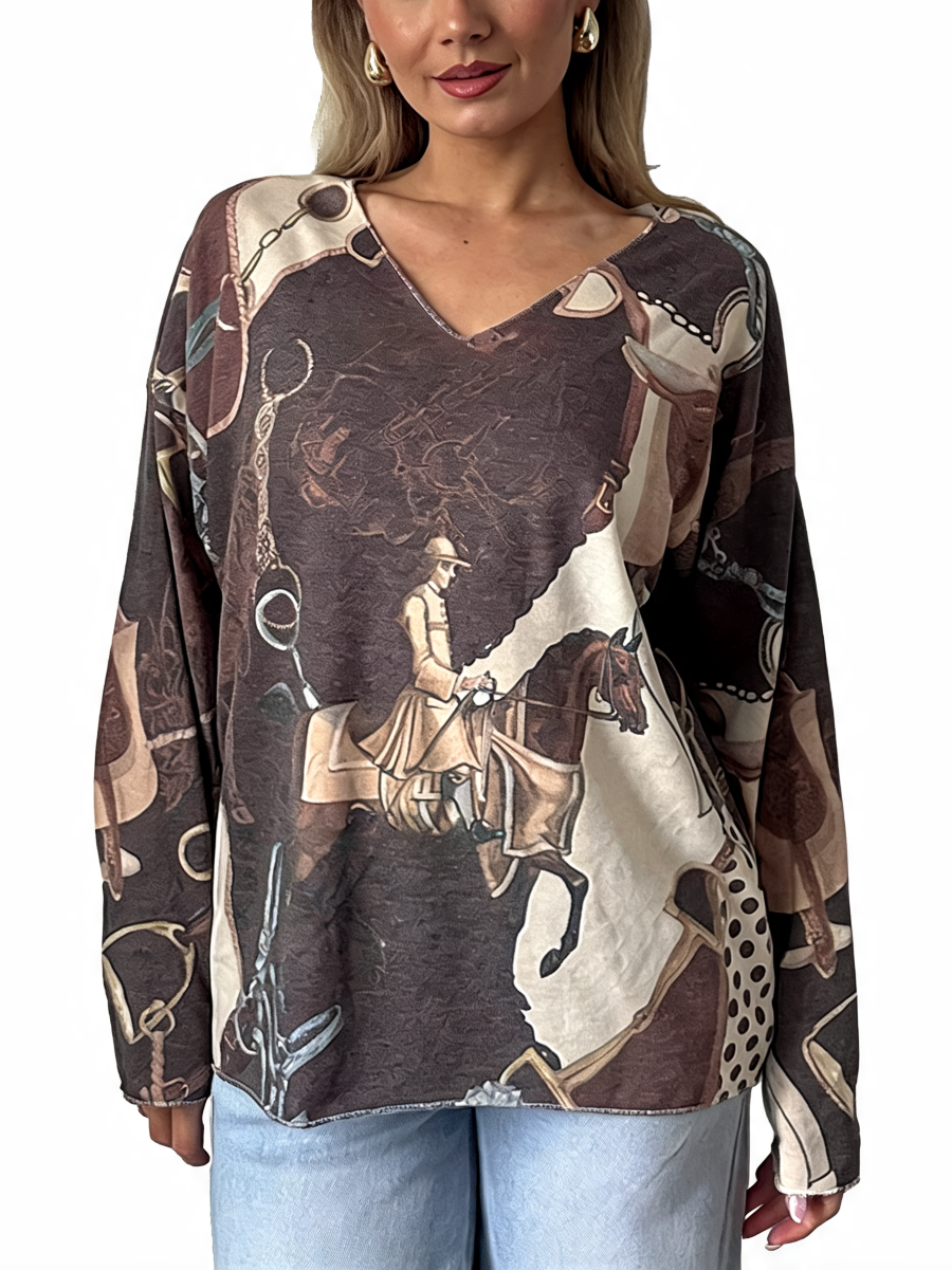 Dark brown equestrian print V-neck long-sleeve top with horse rider graphic