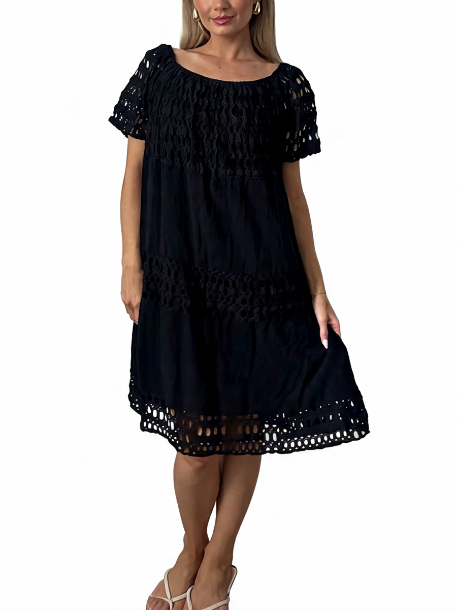 Off-Shoulder Eyelet Tiered Midi Dress