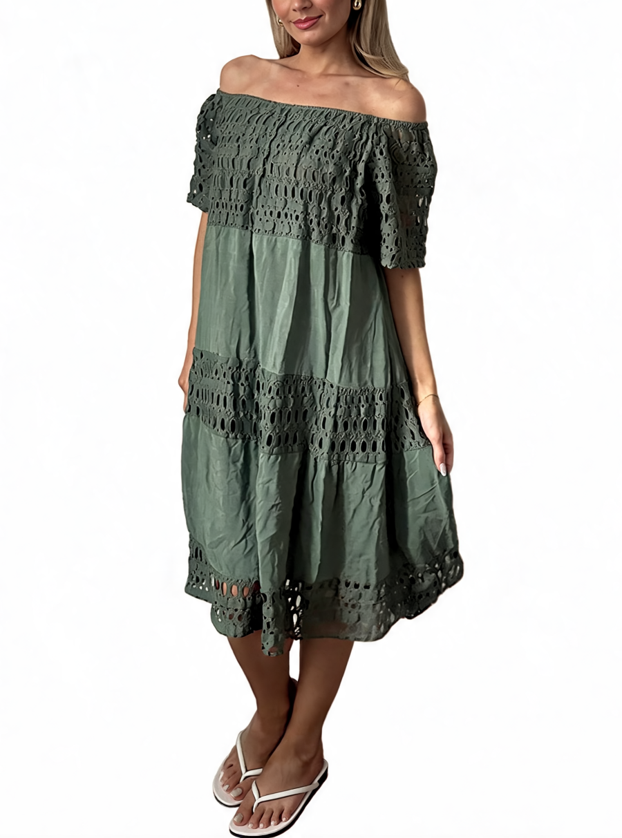 Off-Shoulder Eyelet Tiered Midi Dress