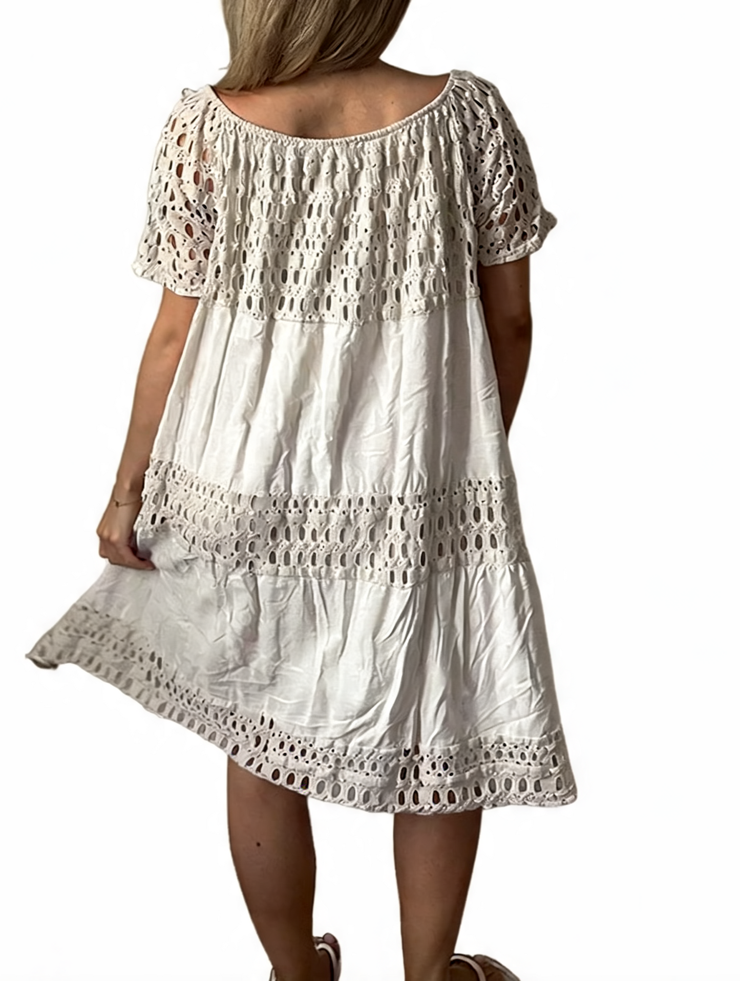 Off-Shoulder Eyelet Tiered Midi Dress