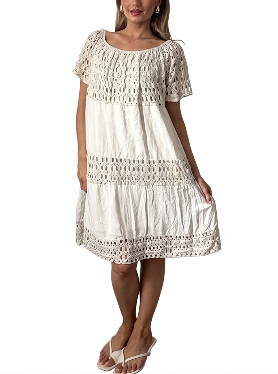 Off-Shoulder Eyelet Tiered Midi Dress