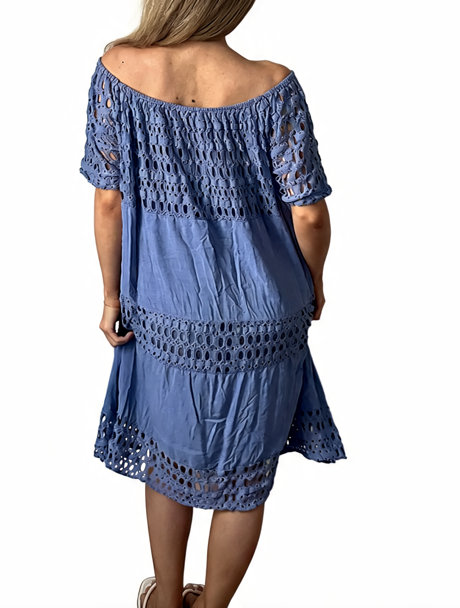 Off-Shoulder Eyelet Tiered Midi Dress