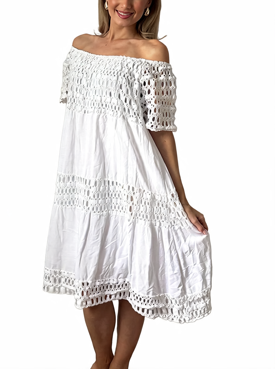 Off-Shoulder Eyelet Tiered Midi Dress