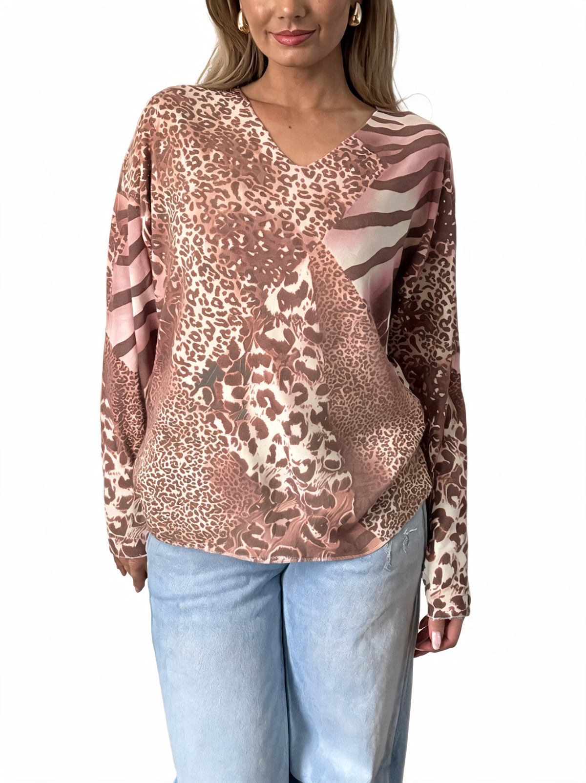 Rose-brown and cream mixed animal print V-neck long sleeve top with relaxed fit