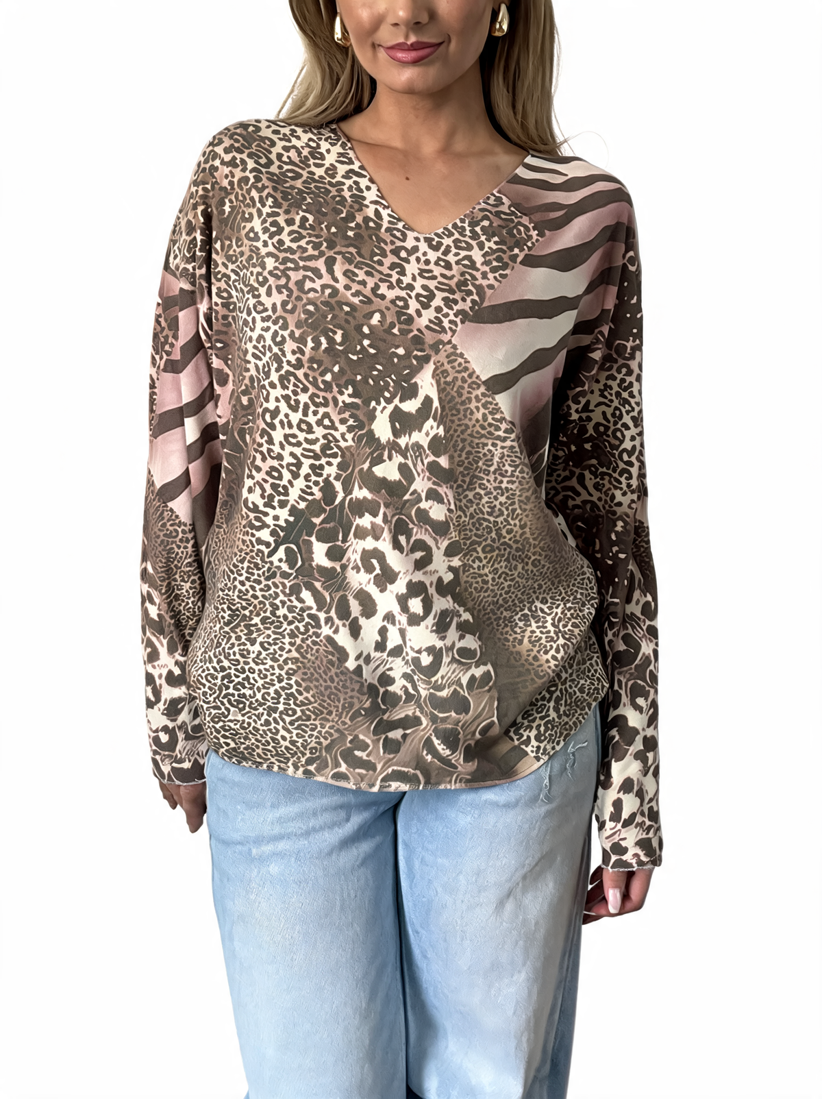 Chocolate and cream mixed animal print V-neck long sleeve top with soft drape