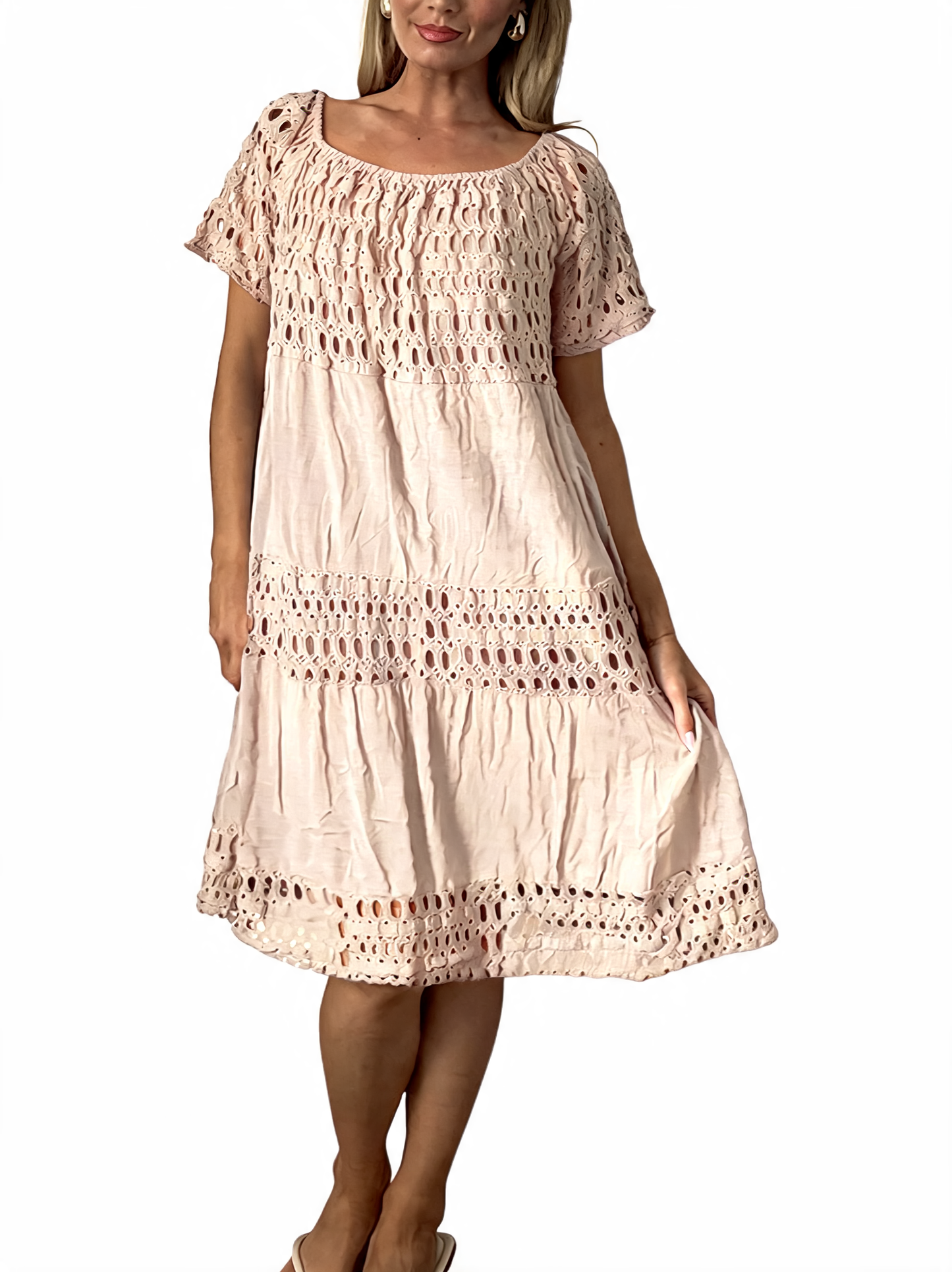 Off-Shoulder Eyelet Tiered Midi Dress