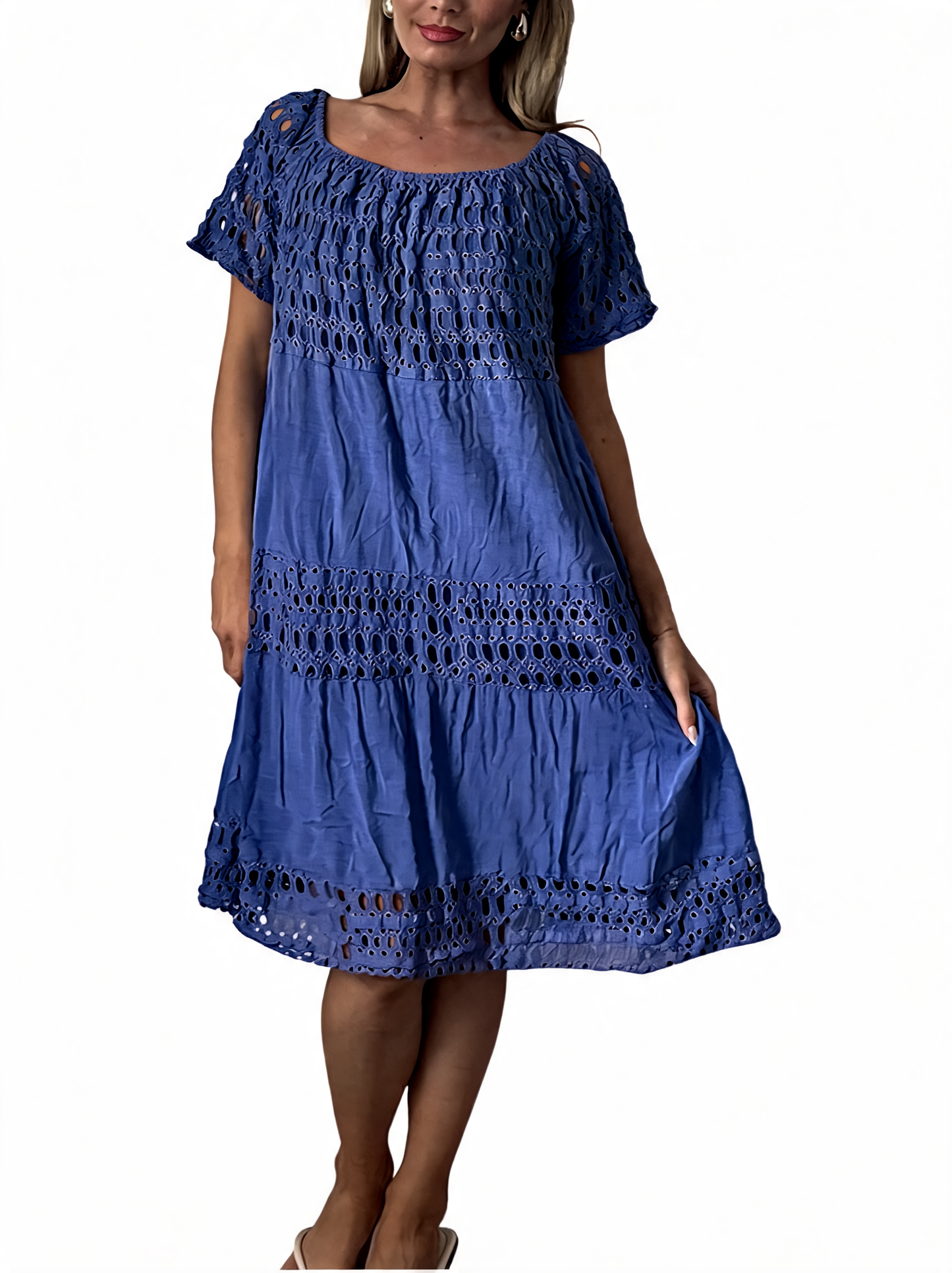Off-Shoulder Eyelet Tiered Midi Dress