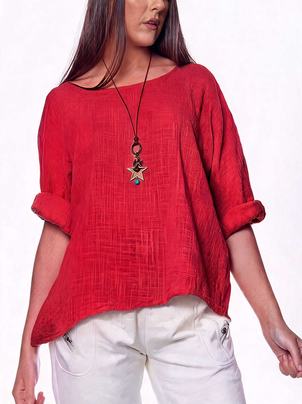 Women's plain red top with round neck, 3/4 sleeves, textured woven fabric