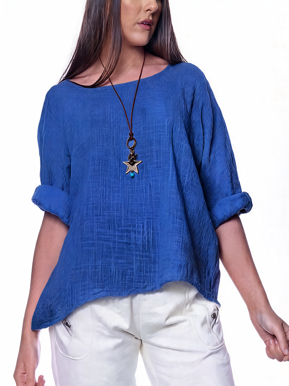Royal blue women’s plain tunic top with wide round neckline and rolled three-quarter sleeves