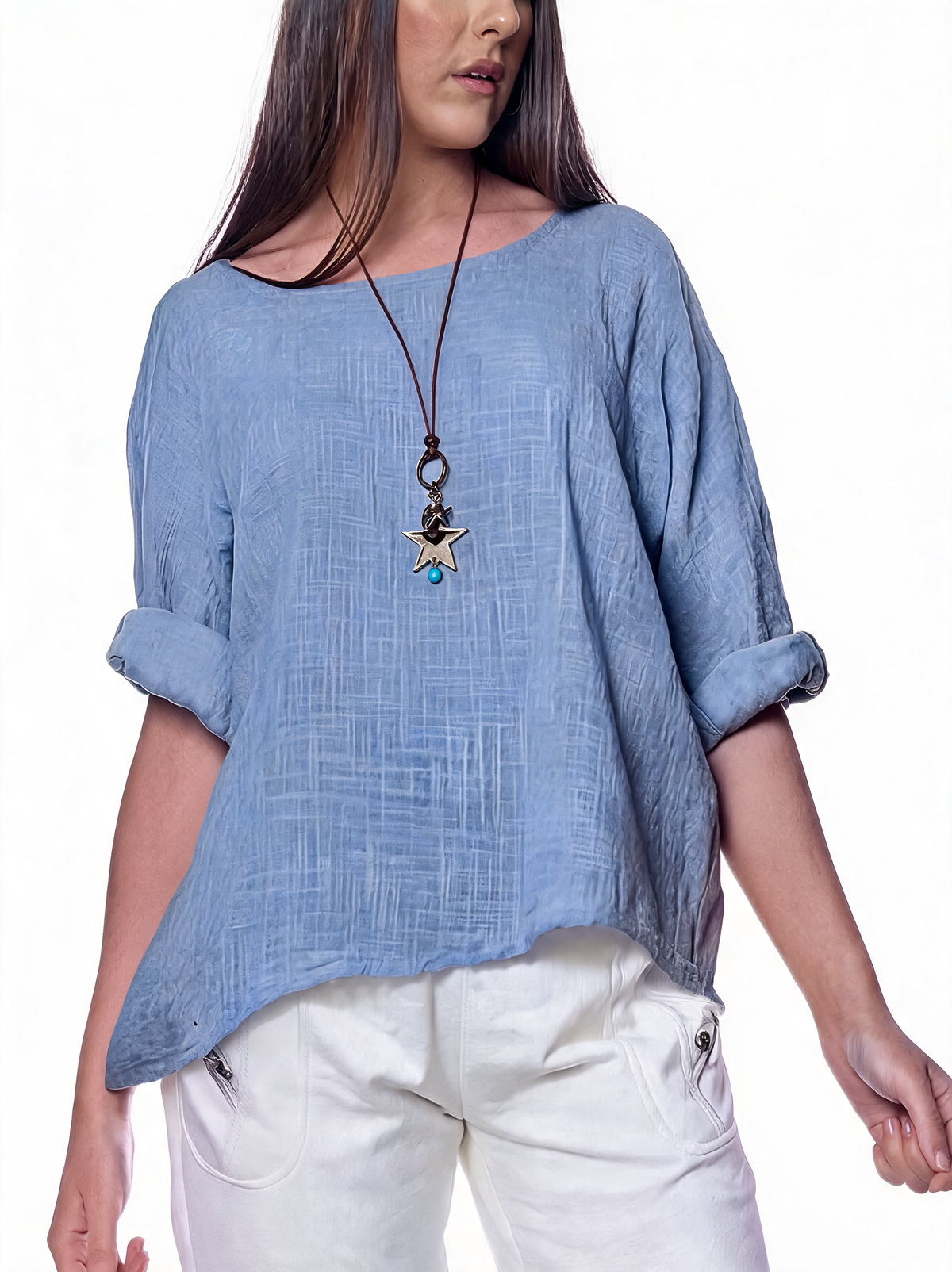 Light blue quarter-sleeve plain top with loose fit and textured woven pattern.