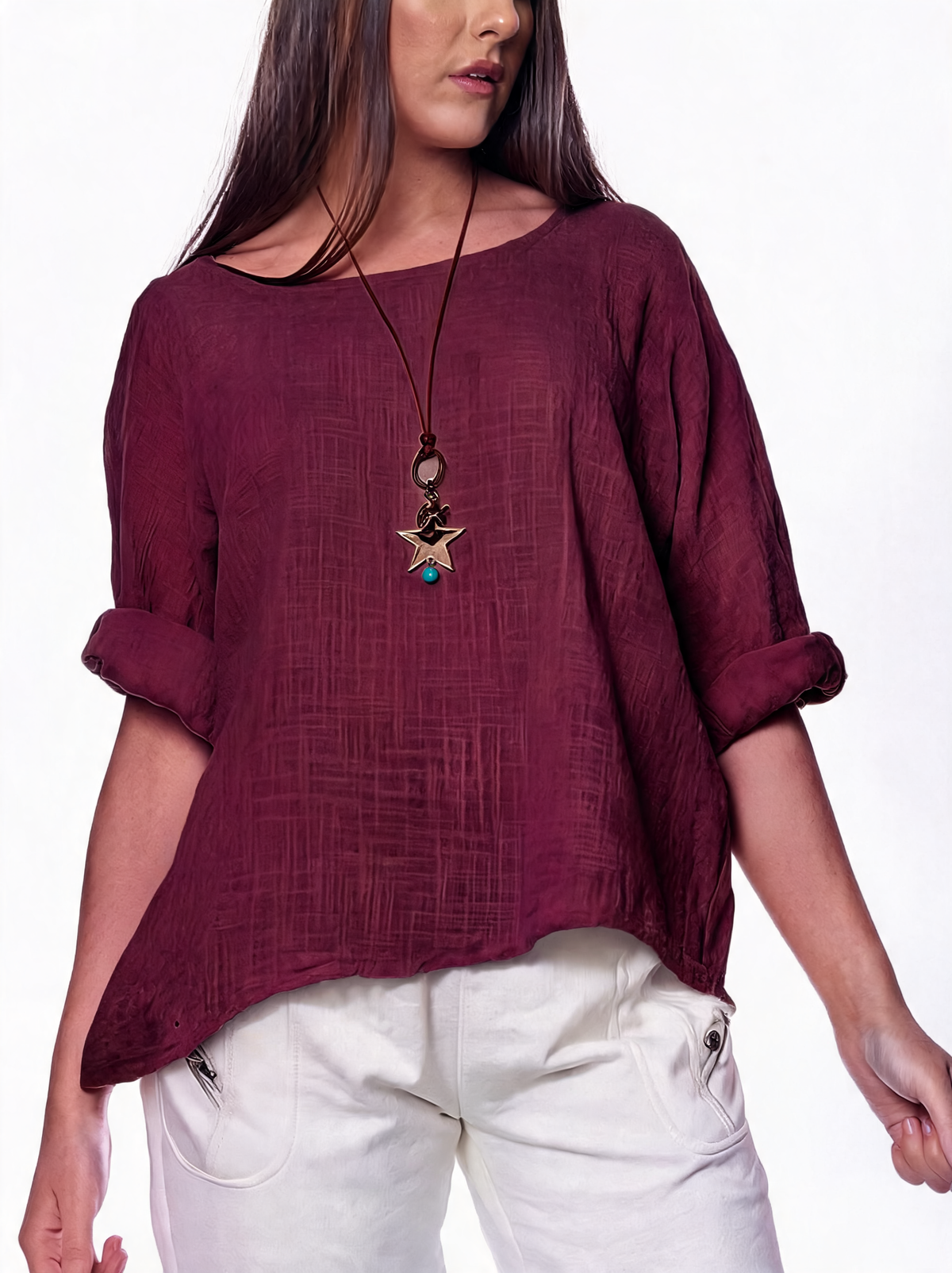 Burgundy women’s plain tunic top with wide round neckline and rolled three-quarter sleeves