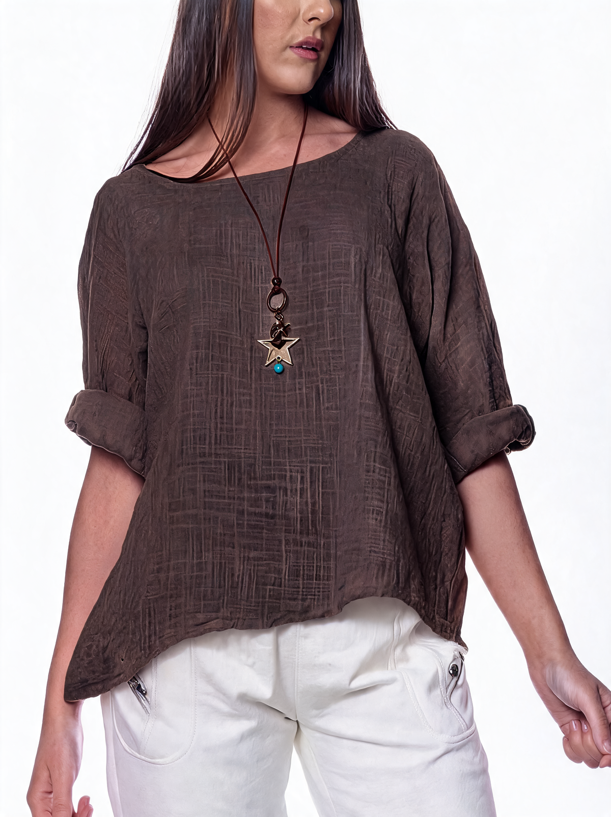 Dark brown women’s plain tunic top with wide round neckline and rolled three-quarter sleeves