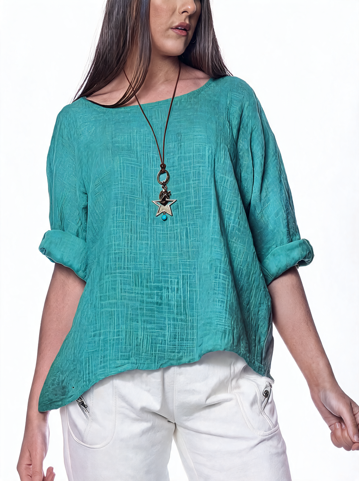 Turquoise teal women’s plain tunic top with wide round neckline and rolled three-quarter sleeves