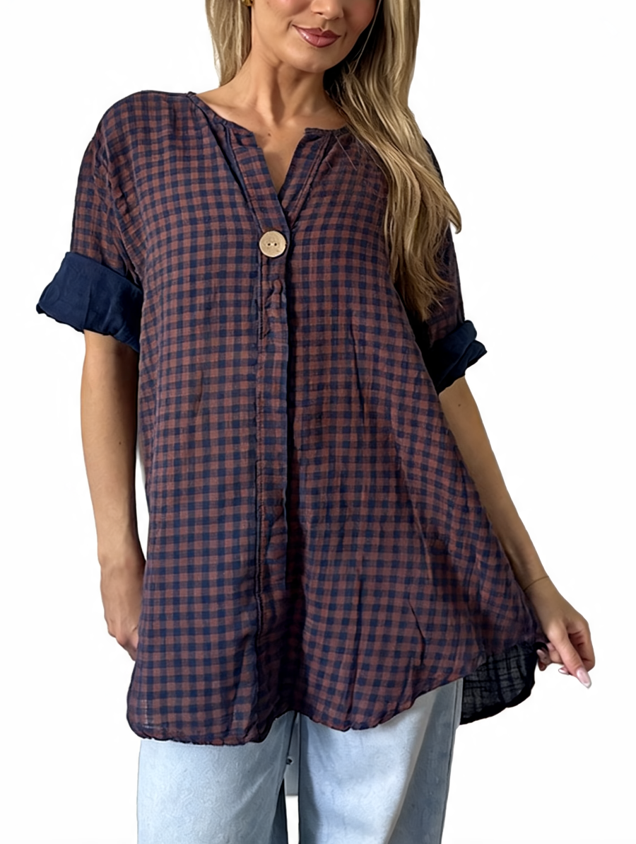 Gingham Check Oversized Linen Relaxed Fit Button-Up Tunic Top