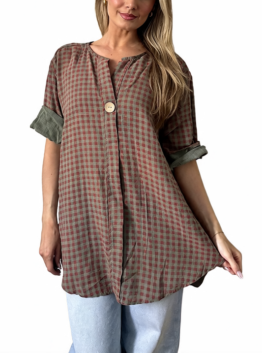 Oversized linen button-up tunic with beige-and-red gingham check, green cuff sleeves, front buttons