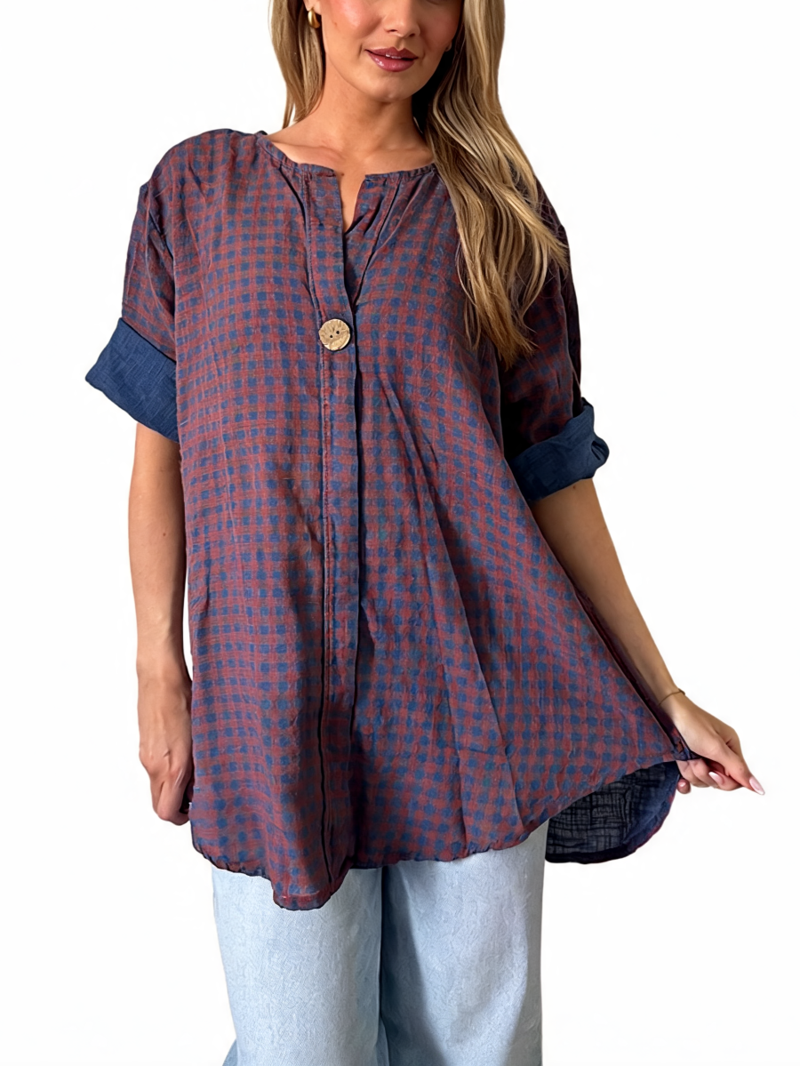 Gingham Check Oversized Linen Relaxed Fit Button-Up Tunic Top