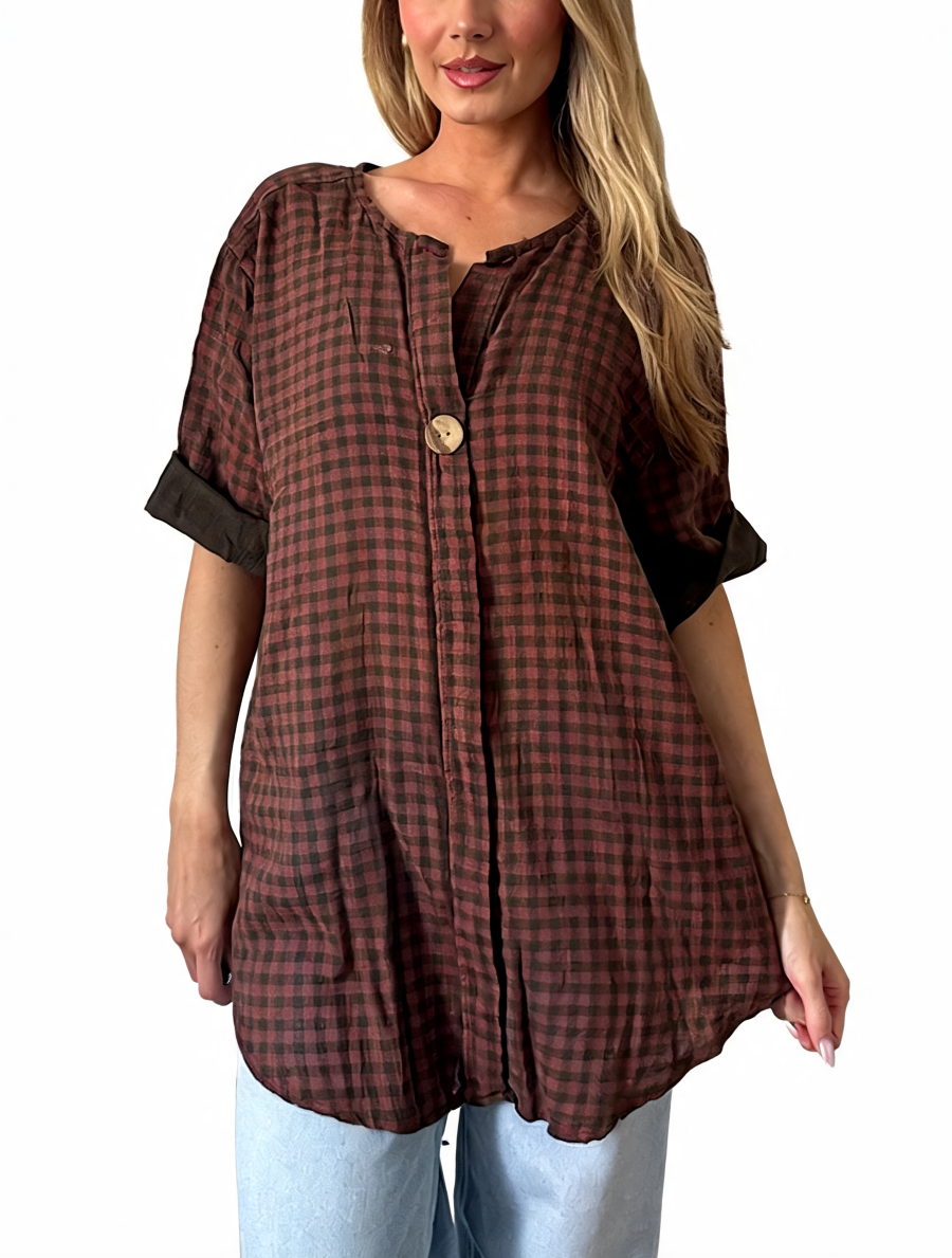 Gingham Check Oversized Linen Relaxed Fit Button-Up Tunic Top
