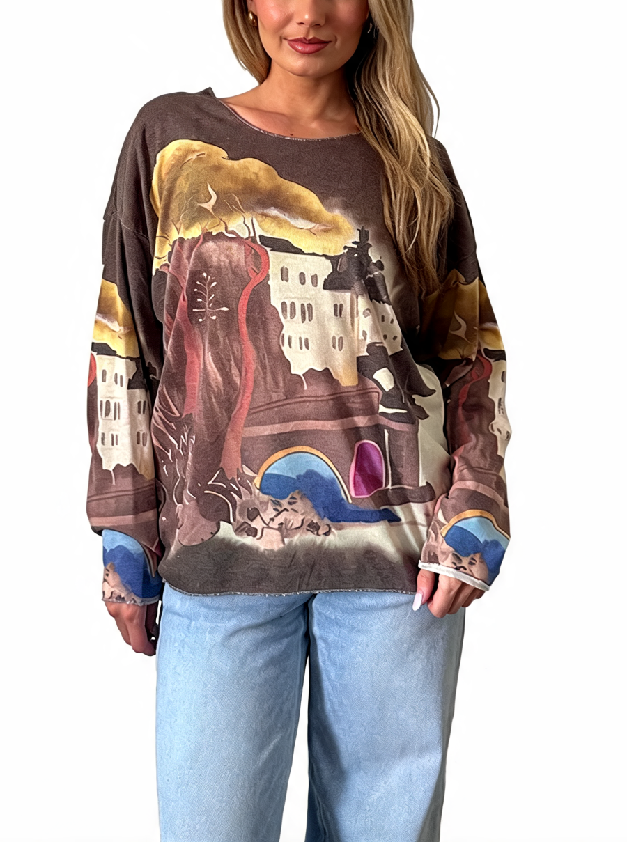 T-shirt met korte mouwen van bloemenkant en botanische print - Marineblauw