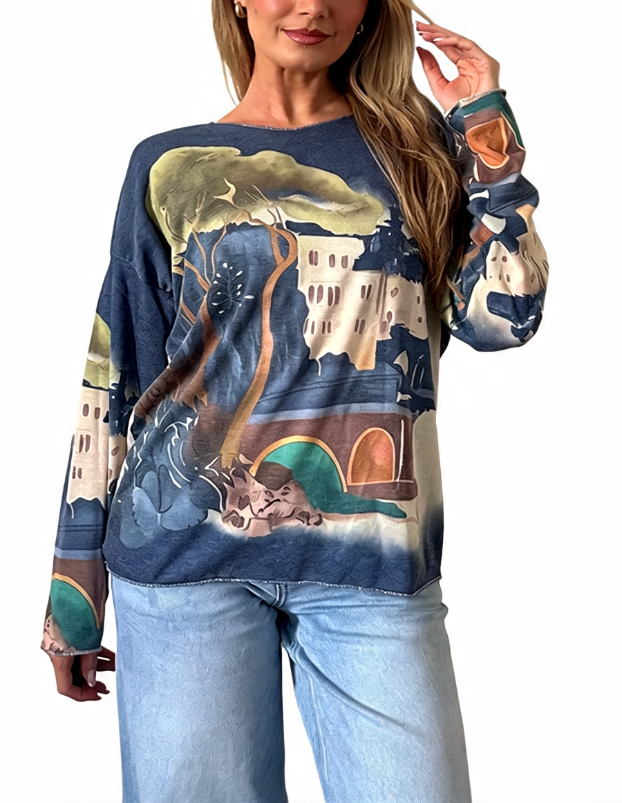 T-shirt met korte mouwen van bloemenkant en botanische print - Marineblauw