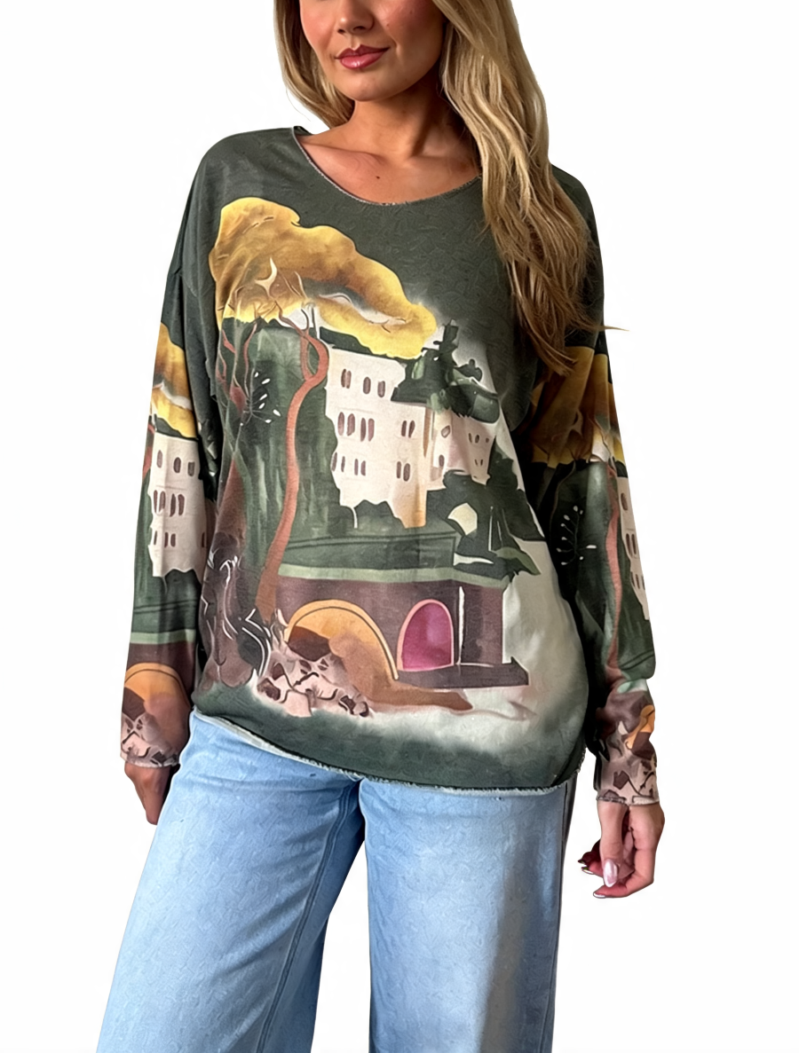 T-shirt met korte mouwen van bloemenkant en botanische print - Marineblauw