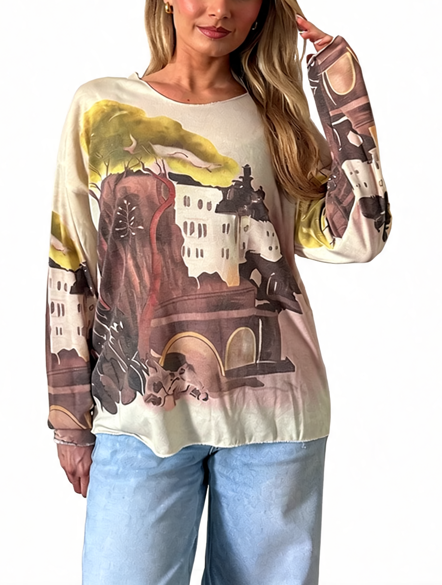 T-shirt met korte mouwen van bloemenkant en botanische print - Marineblauw