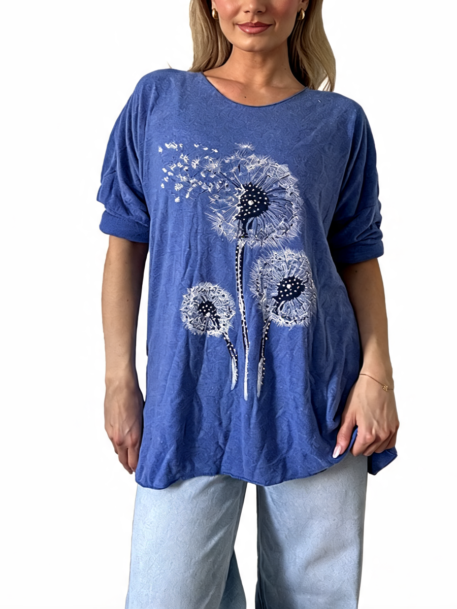 Dandelion Print Oversized Relaxed Fit Long Sleeve Top