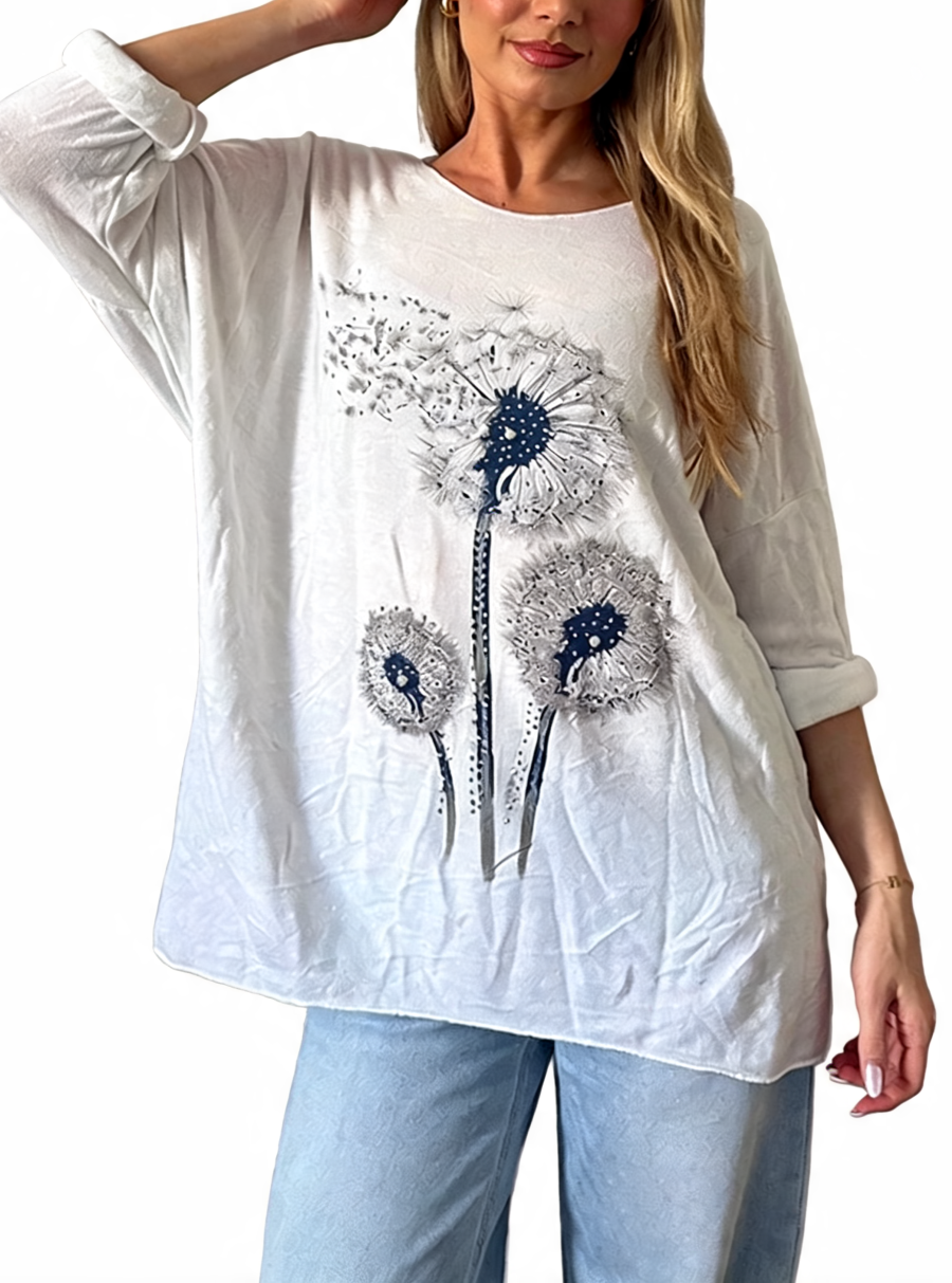 Dandelion Print Oversized Relaxed Fit Long Sleeve Top