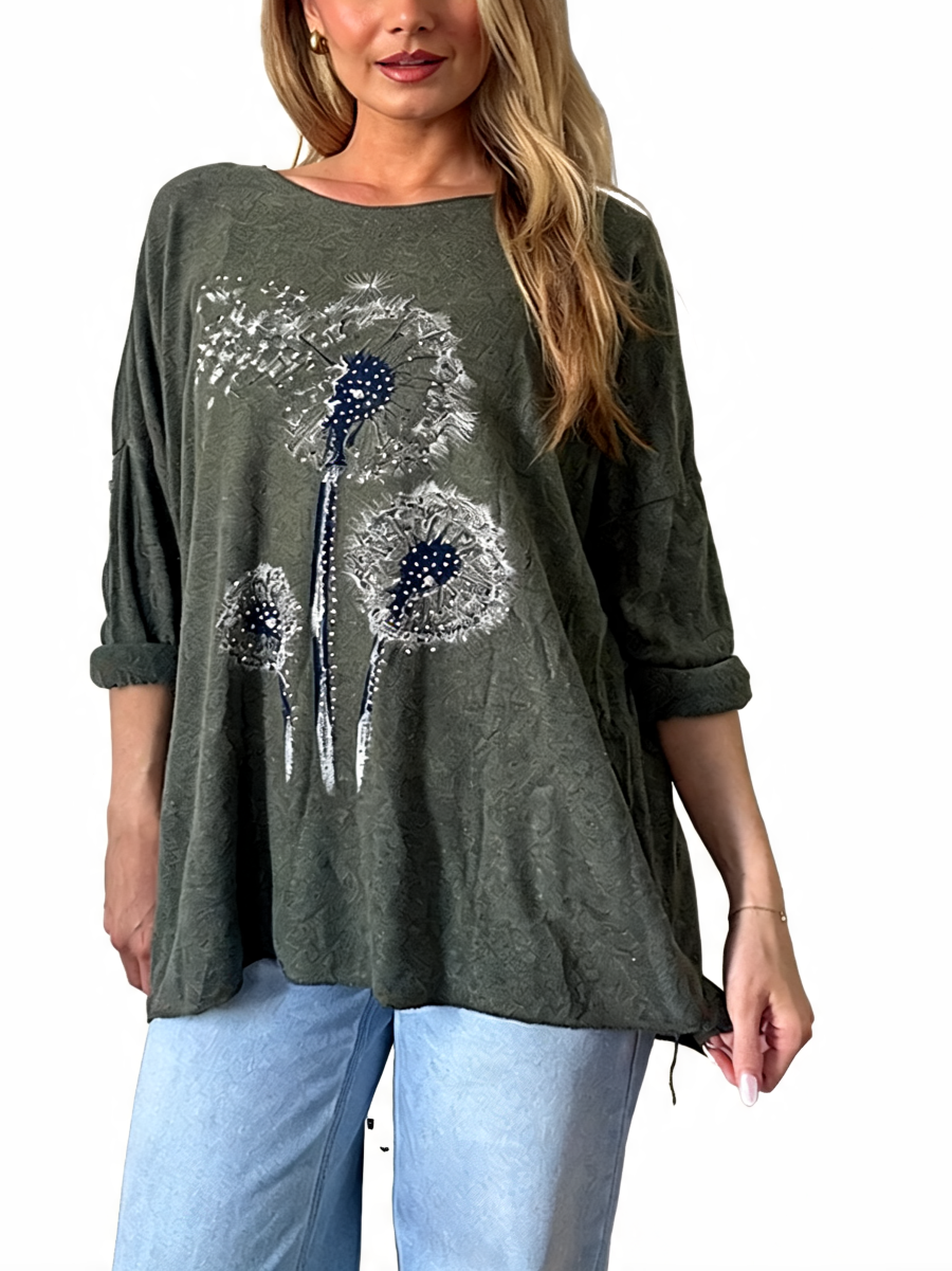 Dandelion Print Oversized Relaxed Fit Long Sleeve Top