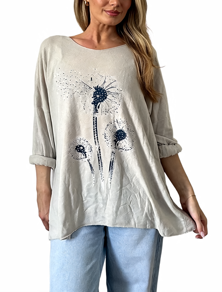 Dandelion Print Oversized Relaxed Fit Long Sleeve Top