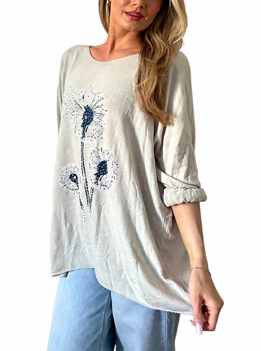 Dandelion Print Oversized Relaxed Fit Long Sleeve Top