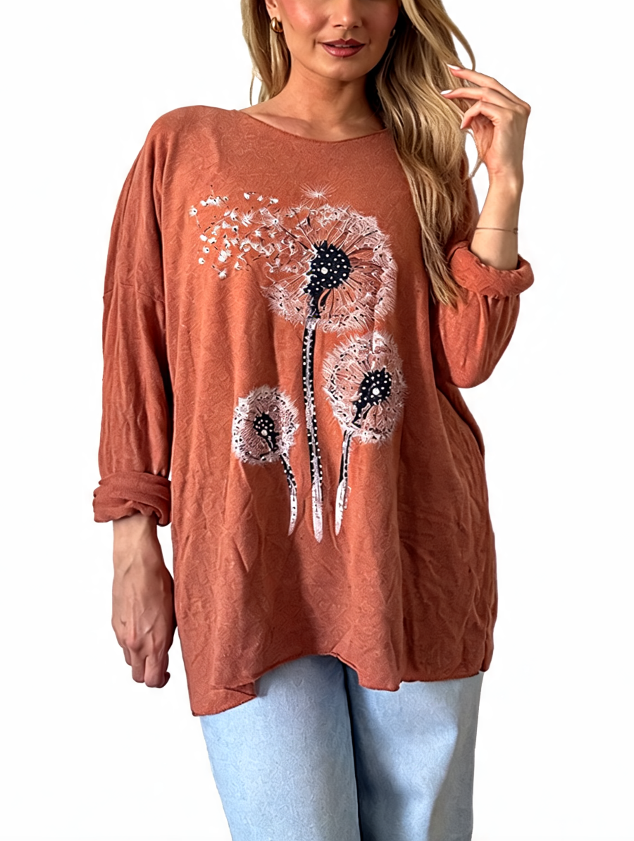 Dandelion Print Oversized Relaxed Fit Long Sleeve Top
