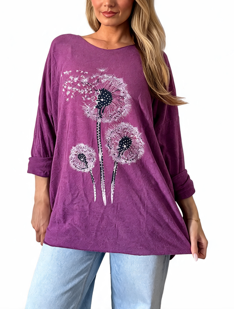 Dandelion Print Oversized Relaxed Fit Long Sleeve Top