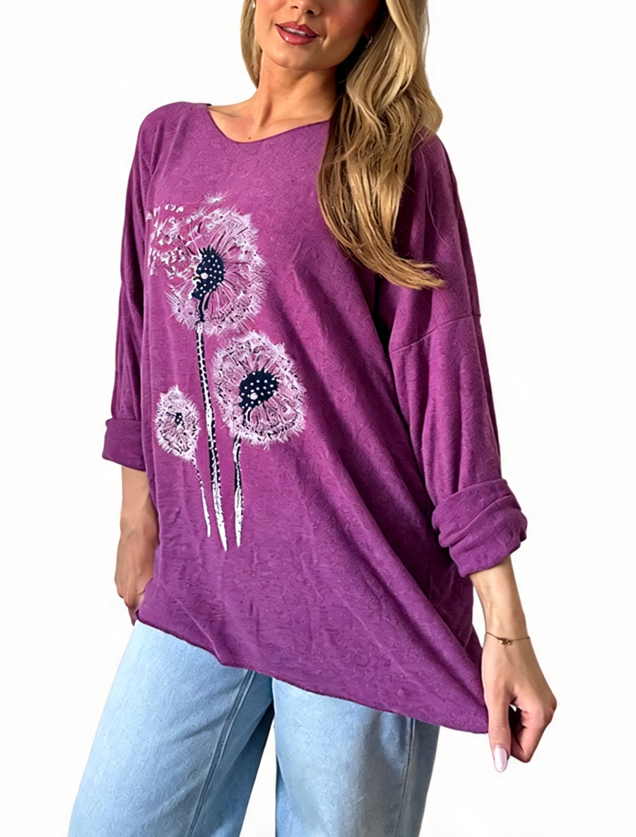 Dandelion Print Oversized Relaxed Fit Long Sleeve Top