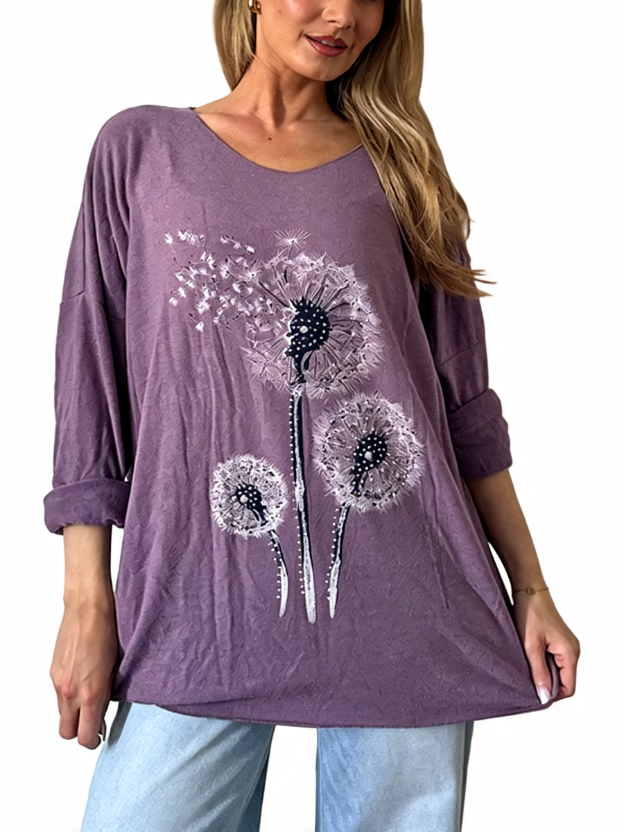 Dandelion Print Oversized Relaxed Fit Long Sleeve Top