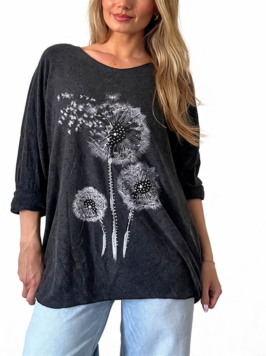 Dandelion Print Oversized Relaxed Fit Long Sleeve Top