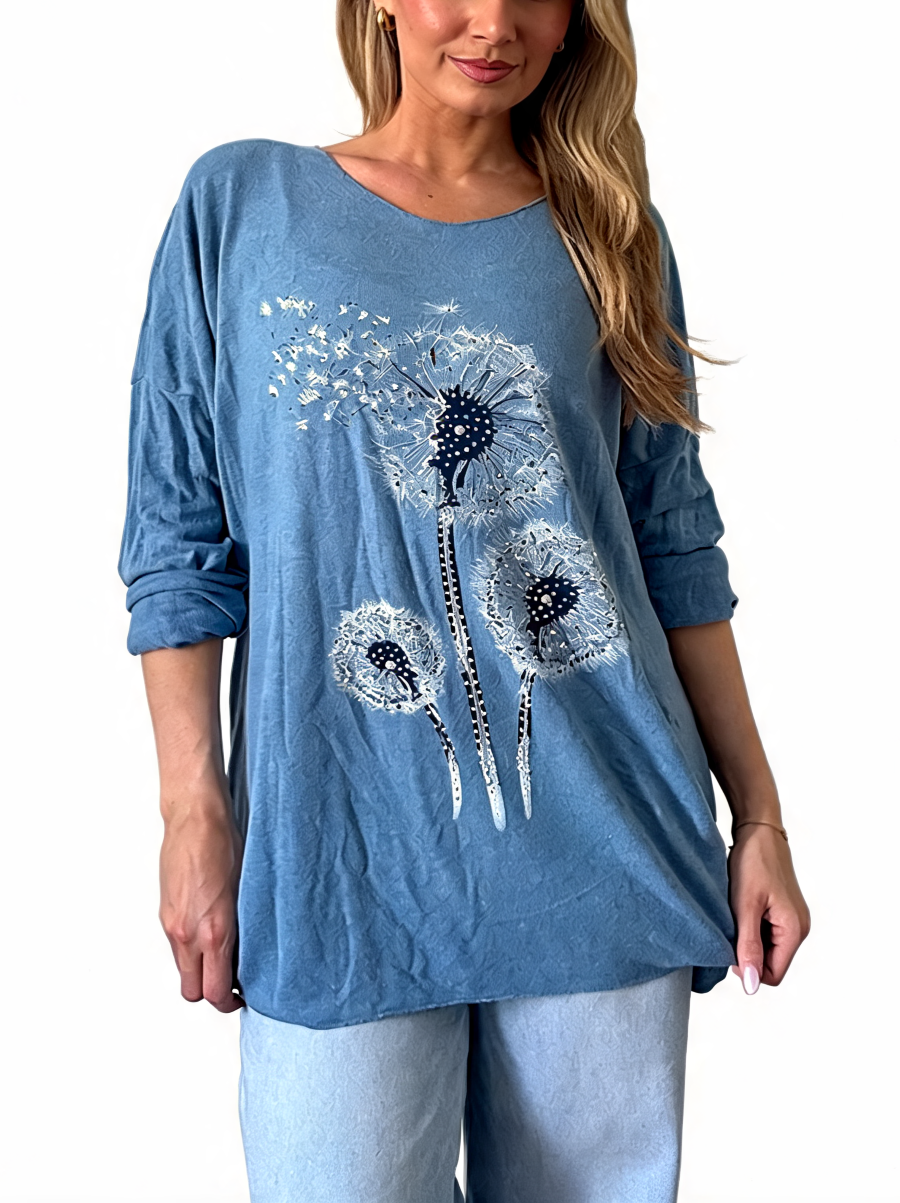 Dandelion Print Oversized Relaxed Fit Long Sleeve Top