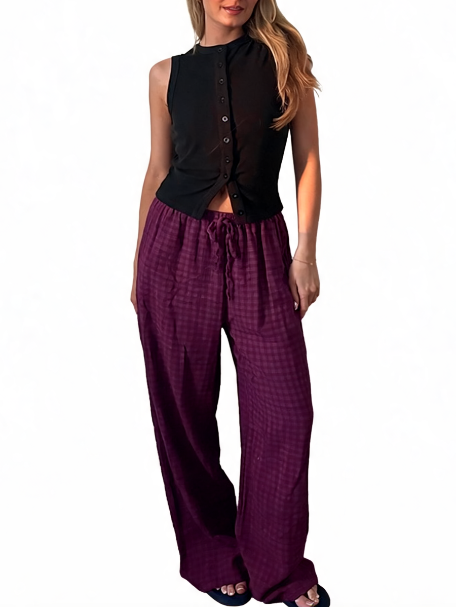 Wide Leg Gingham Textured Check High Waist Drawstring Trousers