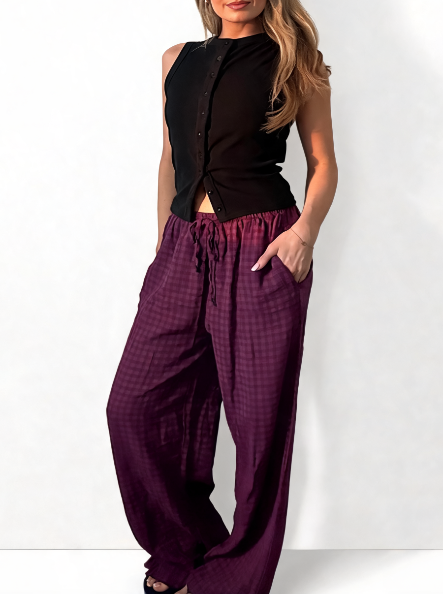 Wide Leg Gingham Textured Check High Waist Drawstring Trousers