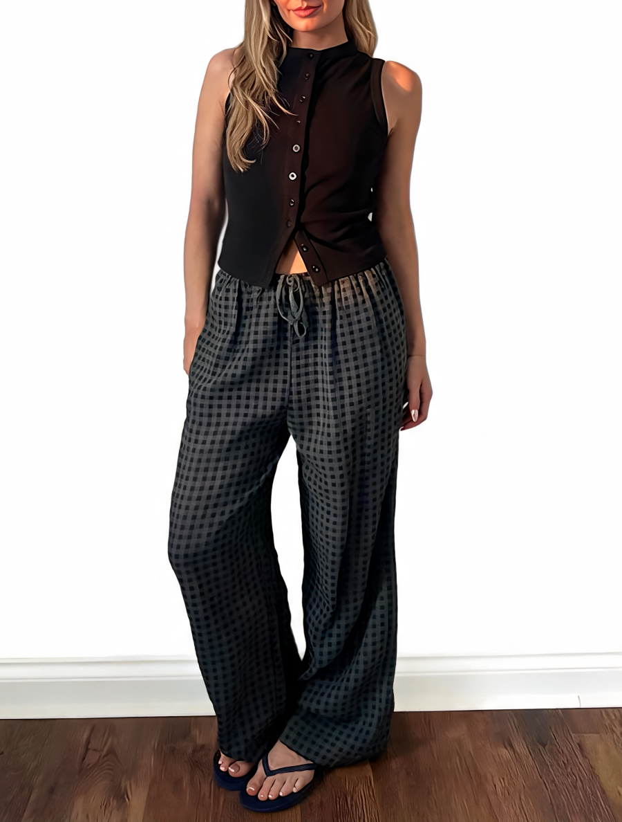 Wide Leg Gingham Textured Check High Waist Drawstring Trousers