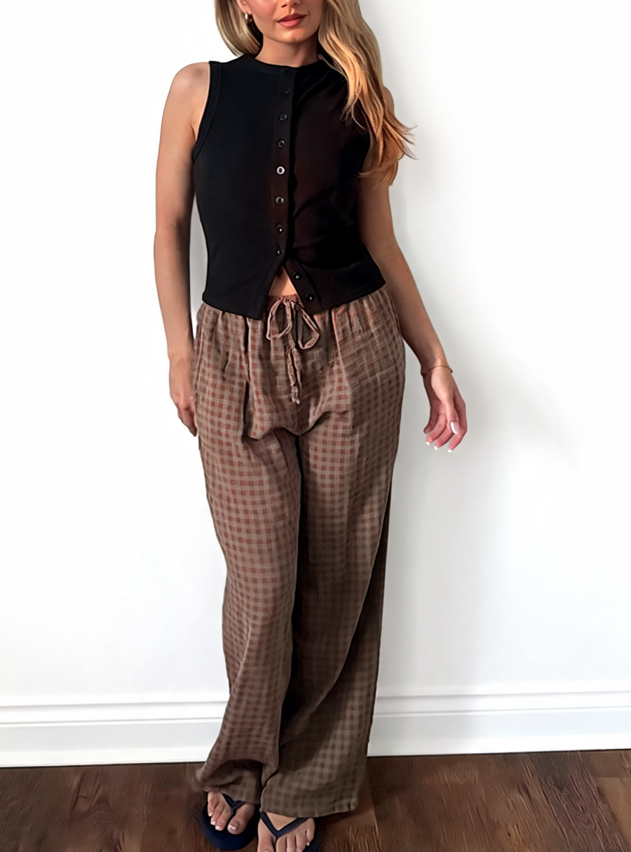 Wide Leg Gingham Textured Check High Waist Drawstring Trousers