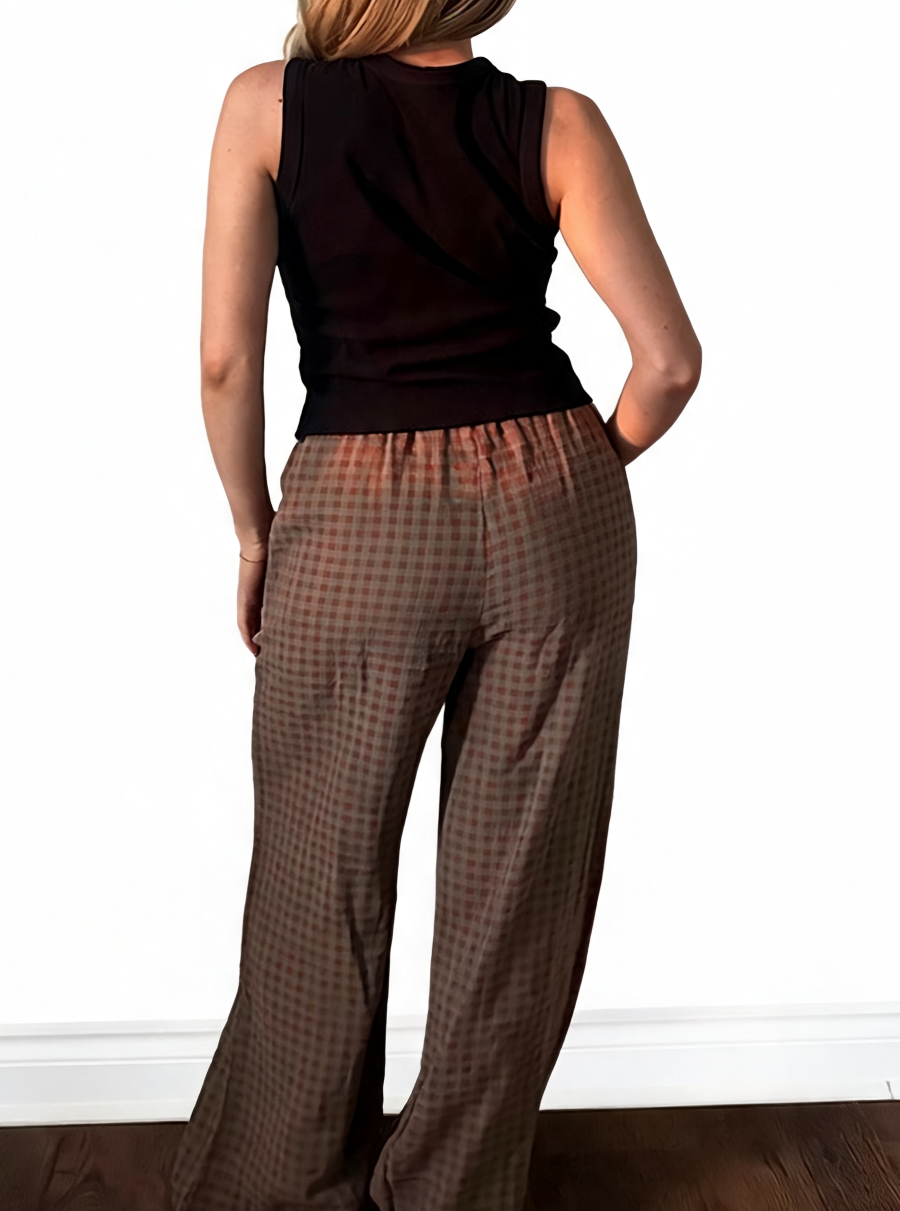 Wide Leg Gingham Textured Check High Waist Drawstring Trousers